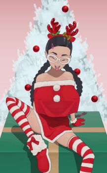 1girl :p antlers asian bare_shoulders black_eyes black_hair boots bow box braid breasts christmas christmas_tree collarbone commentary_request covered_erect_nipples ear_piercing earrings fake_antlers foot_out_of_frame fur-trimmed_boots fur-trimmed_gloves fur-trimmed_shirt fur-trimmed_skirt fur_trim gift gift_box glass_girl_(niwatori5948) glasses gloves hair_ornament hairband hairclip hand_rest highres horizontal-striped_thighhighs horns jewelry knee_up large_breasts long_hair looking_at_viewer miniskirt naughty_face nipple_piercing niwatori5948 no_bra off-shoulder_shirt off_shoulder on_box oppai_loli original parted_hair piercing pom_pom_(clothes) red_boots red_gloves red_hairband red_shirt red_skirt red_thighhighs reindeer_antlers round_eyewear santa_boots santa_costume santa_gloves shirt shirt_overhang sitting sitting_on_box skindentation skirt solo spread_legs stud_earrings teeth thighhighs tongue tongue_out tongue_piercing tsurime twin_braids two-tone_thighhighs upper_teeth_only very_long_hair white-framed_eyewear white_thighhighs yellow_bow zettai_ryouiki