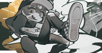 1girl chibi chibi_only fang ghost_(tama) highres holding holding_instrument instrument long_hair music original pants playing_instrument tail tongue tongue_out torn_clothes torn_pants