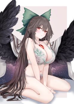 black_wings bra breasts cape highres kneeling lace lace_bra lace_panties large_breasts long_hair panties red_eyes reiuji_utsuho sarasadou_dan simple_background third_eye touhou underwear white_bra white_cape white_panties wings