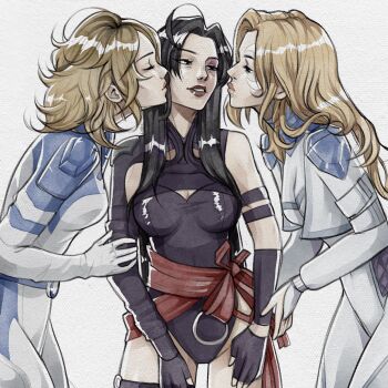 3girls black_hair blonde_hair bodysuit breasts closed_eyes cropped_jacket dagger_(marvel) facepaint fingerless_gloves gloves kiss kissing_cheek leotard lipstick lottee_art makeup marvel marvel_rivals multiple_girls polygamy psylocke psylocke_(vengeance) sandwiched sash sue_storm yuri