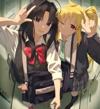 2girls absurdres ahoge awa_subaru bag black_coat black_hair black_socks blazer blonde_hair bocchi_the_rock! bow bowtie brown_sweater_vest coat cosplay costume_switch crossover detached_ahoge diagonal-striped_clothes diagonal-striped_necktie girls_band_cry hair_intakes hand_up highres holding holding_stick ijichi_nijika indoors instrument_connection jacket jl_tan kneehighs long_hair looking_at_viewer multiple_girls necktie one_eye_closed open_clothes open_coat open_mouth plaid_clothes plaid_skirt pleated_skirt polka_dot polka_dot_bow polka_dot_bowtie purple_eyes red_bow red_bowtie red_eyes red_shoes school_bag school_uniform selfie selfie_stick shimokitazawa_high_school_uniform shirt shoes side_ponytail skirt smile sneakers socks stick striped_clothes sweater_vest teeth trait_connection upper_teeth_only white_shirt