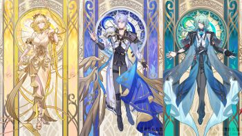 Rule 34 | 1girl, 2boys, absurdres, aglaea (honkai: star rail), anaxa (honkai: star rail), aqua hair, armor, black gloves, black jacket, black pants, blonde hair, breasts, cleavage, closed mouth, coat, crossed bangs, eyepatch, full body, gloves, grey hair, hair intakes, highres, honkai: star rail, honkai (series), jacket, long hair, looking at viewer, male focus, multiple boys, one eye covered, pants, parted lips, pauldrons, phainon (honkai: star rail), short hair, shoulder armor, side ponytail, single pauldron, tanemaki monaka, teeth, white coat