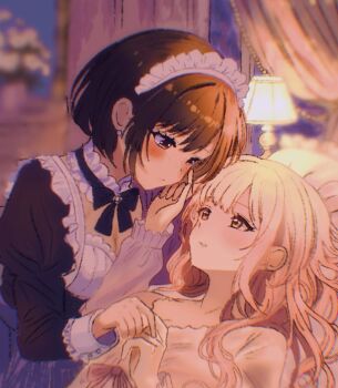 Rule 34 | 2girls, apron, bed, black dress, black hair, blonde hair, blush, canopy bed, chiaki (abc126497434674), commentary request, dress, earrings, eye contact, holding hands, indoors, jewelry, lamp, long hair, looking at another, maid apron, maid headdress, multiple girls, on bed, original, parted lips, short hair, white apron, yellow dress, yuri