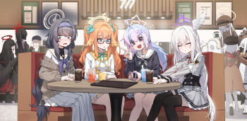 6+girls absurdres ahoge alternate_costume black_corset black_hair black_mask black_wings blood blood_halo blue_archive blue_eyes blush boots brown_hat brown_shawl closed_eyes closed_mouth colored_skin corset cup dress drinking_straw earmuffs ein_(blue_archive) feathered_wings feet_out_of_frame from_behind full_body glasses grey_hair grey_serafuku grey_skirt grey_wings hair_between_eyes hair_ornament hairband halo hasumi_(blue_archive) hat head_wings high_heel_boots high_heels highres jewelry kokukyukeo liquid_halo long_hair long_hair_between_eyes long_skirt long_sleeves low_wings malkuth_(blue_archive) mask melting_halo millennium_science_school_logo miniskirt multicolored_hair multiple_girls neckerchief necklace ohr_(blue_archive) open_mouth orange_hair oversized_wings pink_hair pleated_skirt ponytail purple_eyes purple_hairband purple_halo purple_neckerchief red_eyes red_halo reisa_(blue_archive) respirator sailor_collar school_uniform semi-rimless_eyewear serafuku shawl shimiko_(blue_archive) single_head_wing sitting skirt sof_(blue_archive) standing star_(symbol) star_halo suzumi_(blue_archive) sweat symbol-shaped_pupils table thighhighs triplets tsurugi_(blue_archive) twintails two-tone_hair ui_(blue_archive) under-rim_eyewear very_long_hair vigilante_crew_(blue_archive) white_sailor_collar white_serafuku white_skin white_skirt wings x-shaped_pupils yellow_halo