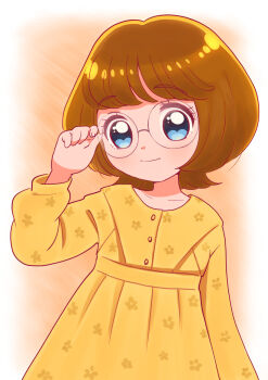 Rule 34 | 1girl, adjusting eyewear, blue eyes, brown hair, closed mouth, commentary, dress, glasses, highres, ichinose minori, kyanos (b 0000ff), long sleeves, looking at viewer, precure, rimless eyewear, short hair, smile, solo, tropical-rouge! precure, upper body, variant set, yellow dress