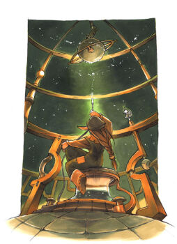 1girl beret blue_hat blue_overalls boots braid brown_boots brown_hair commentary_request facing_away from_behind full_body hair_ornament hand_up hat holding knee_up long_hair original overalls patchwork_clothes peter_salt sitting solo