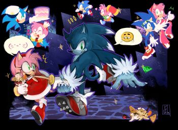 amy_rose amy_rose_(riders) animal_ears black_border blue_fur blue_hair boots border chaos_emerald classic_amy classic_sonic closed_mouth commentary dress english_commentary full_body gloves green_eyes hairband hat heart highres holding jelfruit looking_at_viewer night open_mouth outline pink_fur pink_hair purple_outline red_boots red_dress red_hairband red_shoes sharp_teeth shoes short_hair smile sonic_(series) sonic_the_hedgehog sonic_the_hedgehog_(riders) sonic_the_werehog sonic_unleashed sparkle tail teeth the_murder_of_sonic_the_hedgehog tongue white_gloves