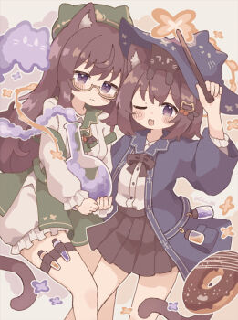 2girls ;d absurdres animal animal_ear_fluff animal_ears animal_on_head black_bow black_bowtie black_skirt blue_coat blue_hat blush_stickers bow bowtie brown_hair cat cat_ears cat_girl cat_tail closed_mouth coat colon_br commentary fang feet_out_of_frame flask green_hat hat highres holding holding_flask holding_wand long_hair long_sleeves looking_at_viewer multiple_girls on_head one_eye_closed open_clothes open_coat open_mouth original pleated_skirt purple_eyes round-bottom_flask shirt short_hair shorts skin_fang skirt smile symbol-only_commentary tail test_tube thigh_strap wand white_shirt white_shorts