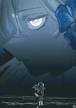 1girl absurdres artist_name blue_flower boots close-up commentary_request facing_away floating_hair flower full_body grey_hair hair_flower hair_ornament higan_ame highres isekaijoucho kamitsubaki_studio long_hair looking_at_viewer moon multiple_views parted_lips seal_impression standing virtual_youtuber wavy_hair