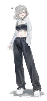 Rule 34 | 1girl, absurdres, ahoge, bandeau, black bandeau, black choker, black pants, breasts, choker, cleavage, cropped hoodie, eyes visible through hair, fang, full body, grey hair, hand in pocket, highres, hood, hood down, hoodie, huu (dighapdlxm12), large breasts, long legs, long sleeves, medium hair, midriff, navel, open mouth, original, pants, shoes, simple background, solo, squiggle, stomach, strapless, tube top, white background, white hoodie, white shoes, yellow eyes