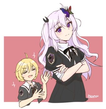 2girls ahoge arms_under_breasts artist_name assault_lily black_ribbon black_skirt blonde_hair blush butterfly_hair_ornament closed_mouth commentary_request cropped_jacket cropped_legs cropped_torso crossed_arms hair_between_eyes hair_ornament hair_ribbon hands_up highres imagawa_homare looking_at_viewer marukame_ten mole mole_under_eye multiple_girls neck_ribbon open_mouth pleated_skirt puffy_short_sleeves puffy_sleeves purple_eyes purple_hair red_background ribbon school_uniform seike_tomoyo short_hair short_sleeves skirt smile sparkle standing two-tone_background two_side_up underbust upper_body v-shaped_eyebrows white_background yurigaoka_girls_academy_school_uniform