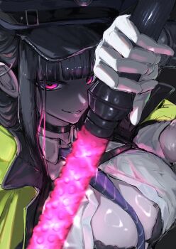 1girl between_breasts black_choker black_hair bra bra_peek breasts choker commentary d_(killer_wife)_(nikke) d_(killer_wife)_(secret_police)_(nikke) d_(nikke) dildo english_commentary evil_grin evil_smile gloves goddess_of_victory:_nikke grin hat highres holding holding_sex_toy large_breasts long_sidelocks looking_at_viewer necktie necktie_between_breasts official_alternate_costume open_clothes open_shirt police police_hat police_uniform policewoman sex_toy shirt sidelocks smile solo thenami underwear white_gloves white_shirt