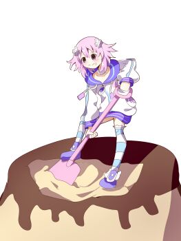 1girl absurdres choker d-pad d-pad_hair_ornament food food_on_face hair_ornament highres hood hooded_track_jacket hoodie jacket kurokasu neptune_(neptunia) neptune_(series) pudding purple_eyes purple_hair short_hair sidelocks simple_background smile socks solo striped_clothes striped_socks striped_thighhighs thighhighs track_jacket white_background white_choker