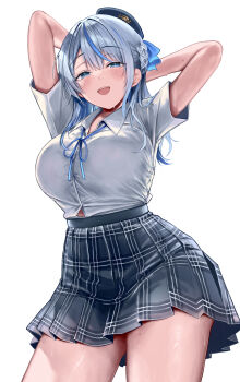 1girl :d absurdres amagai_ruka arms_behind_head arms_up black_bra blue_eyes blue_hat blue_ribbon blue_skirt blue_streaks blush bra bra_visible_through_clothes braid breasts button_gap cloud collared_shirt colored_inner_hair commentary_request earrings from_below grey_hair hair_between_eyes hair_ribbon hat highres jewelry large_breasts looking_at_viewer multicolored_hair neck_ribbon open_mouth plaid_clothes plaid_skirt pleated_skirt ribbon shirt shirt_tucked_in short_sleeves side_braid skirt sky smile solo standing streaked_hair sweat teeth thighs underwear upper_teeth_only virtual_youtuber weather_planet white_shirt ya_ta