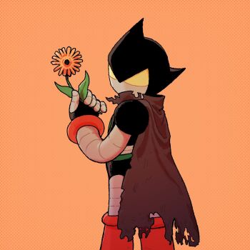 Rule 34 | alternate universe, atom (tetsuwan atom), cape, flower, highres, holding, holding flower, joints, marias (harako), non-humanoid robot, robot, robot joints, tetsuwan atom, torn cape, torn clothes, yellow eyes