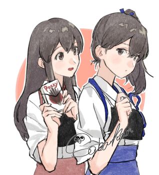 2girls akagi_(kancolle) brown_eyes brown_hair commentary_request food hand_up japanese_clothes kaga_(kancolle) kantai_collection kimono long_hair looking_at_another medium_hair multiple_girls muneate open_mouth parted_lips pocky sabakanbasupisu short_sleeves side_ponytail signature simple_background smile upper_body white_kimono
