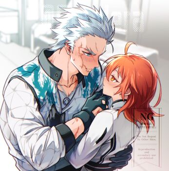 Rule 34 | 0nodera, 1boy, 1girl, ahoge, black gloves, blue eyes, blush, closed mouth, commentary request, earrings, eye contact, fate/grand order, fate (series), forked eyebrows, fujimaru ritsuka (female), gloves, grey background, grey hair, hetero, indoors, jacket, jewelry, long sleeves, looking at another, nagakura shinpachi (fate), notched ear, orange eyes, orange hair, parted lips, scar, scar on face, short hair, white jacket