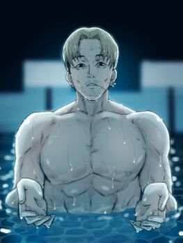 1boy beard_stubble black_eyes blonde_hair chainsaw_man cutterhappa facial_hair facial_scar highres i&#039;ll_teach_you_everything_(chainsaw_man) kishibe_(chainsaw_man) male_focus muscular muscular_male nipples partially_submerged pectorals scar scar_on_cheek scar_on_face short_hair solo stubble very_short_hair wet