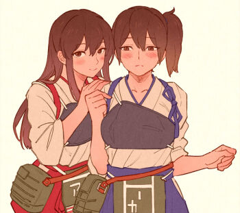 Rule 34 | 2girls, akagi (kancolle), blue hakama, blush, brown eyes, brown hair, closed mouth, commentary request, hair between eyes, hakama, hand on another's shoulder, japanese clothes, kaga (kancolle), kantai collection, kimono, long hair, looking at viewer, multiple girls, muneate, red hakama, side ponytail, simple background, tasuki, upper body, white kimono, yellow background, youkan (tako)