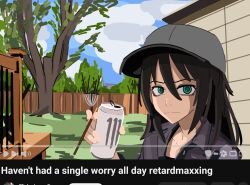 1girl baseball_cap black_hair closed_mouth elisha_long english_text fake_play_button fake_video green_eyes grey_hat grey_jacket hat jacket kuroki_tomoko kurokimoko long_hair looking_at_viewer monster_energy progress_bar solo tree volume_symbol watashi_ga_motenai_no_wa_dou_kangaetemo_omaera_ga_warui! youtube