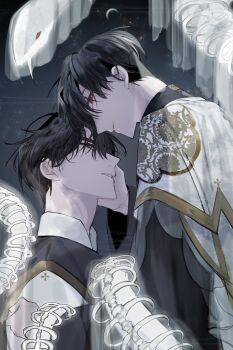 Rule 34 | 2boys, absurdres, black hair, black shirt, capelet, chin rest, commentary request, gold trim, hand on another's face, hayu beck, head on head, head rest, head tilt, highres, kim dokja, korean commentary, lace, looking at another, male focus, multiple boys, omniscient reader's viewpoint, parted lips, see-through body, shirt, short hair, skeleton, snake, spine, white snake, yoo joonghyuk