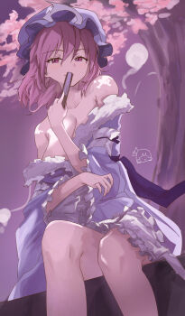 1girl absurdres bare_shoulders blue_hat blue_kimono breasts cherry_blossoms cleavage closed_mouth commentary_request folded_fan folding_fan frilled_kimono frilled_sleeves frills hand_fan hat highres hitodama holding holding_fan japanese_clothes kimono large_breasts long_sleeves looking_at_viewer mob_cap nise6 off_shoulder pink_eyes pink_hair saigyouji_yuyuko sitting sleeve_garter smile solo touhou tree triangular_headpiece wide_sleeves