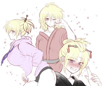 Rule 34 | 1girl, artist name, black buruma, black kimono, blonde hair, blue eyes, bottle, breasts, buruma, closed mouth, collarbone, drunk, ear piercing, gintama, grin, hair down, holding, holding bottle, hood, hood down, hoodie, japanese clothes, kimono, kunai hair ornament, large breasts, looking at viewer, medium hair, multiple views, ninomae gin, piercing, pink hoodie, ponytail, red kimono, rubbing eyes, sake bottle, scar, scar on face, sidelocks, simple background, smile, squeans, stitches, tearing up, teeth, tsukuyo (gintama), waking up, white background