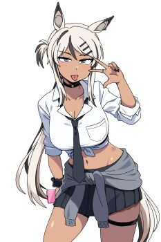 1girl animal_ear_piercing animal_ears black_choker black_eyes black_necktie blue_eyes breasts choker cleavage clothes_around_waist commentary cowboy_shot dark-skinned_female dark_skin galois gyaru hair_ornament hairclip highres hip_bones holding holding_phone jewelry large_breasts light_blush long_hair midriff miniskirt multicolored_hair navel navel_piercing necktie one_side_up original phone piercing pleated_skirt ponytail ring scrunchie shirt sidelocks skindentation skirt solo streaked_hair sweater sweater_around_waist thigh_strap tied_shirt tongue tongue_out tongue_piercing two-tone_hair very_long_hair w white_hair wrist_scrunchie zebra_ears zebra_girl zebra_tail