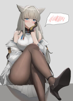 1girl absurdres arknights arknights:_endfield bare_shoulders black_gloves black_shoes blue_eyes blush breasts brown_pantyhose chinese_commentary closed_mouth commentary_request embarrassed foot_out_of_frame gloves grey_background grey_hair hand_on_own_cheek hand_on_own_face high_heels highres kirin_(kirin26497823) leg_up legs long_hair looking_at_viewer medium_breasts off_shoulder pantyhose partial_commentary perlica_(arknights) shoe_soles shoes simple_background sitting solo spoken_blush yellow_gloves