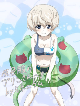 Rule 34 | 1girl, alternate costume, animal print, bikini, blue background, blue bikini, blue eyes, blush, breasts, cat print, commentary request, commission, fake tail, frown, girls und panzer, girls und panzer saishuushou, highres, key (gaigaigai123), medium breasts, navel, paw print, short hair, sports bikini, swimsuit, tail, translation request, tube, very short hair, white bikini, white hair, youko (girls und panzer)