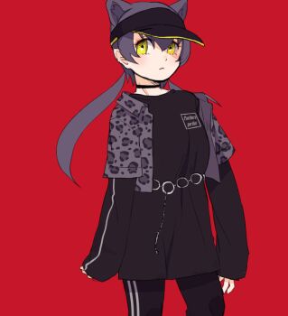 1girl alternate_costume animal_ears animal_print black_choker black_hair black_leopard_(kemono_friends) black_pants black_shirt blush casual choker commentary_request cowboy_shot extra_ears hanada_(cobalt003) kemono_friends leopard_ears leopard_girl leopard_print leopard_tail long_hair long_sleeves looking_at_viewer open_clothes open_shirt pants print_shirt purple_shirt shirt solo tail track_pants twintails visor_cap yellow_eyes