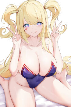 1girl :q absurdres azur_lane bare_shoulders blonde_hair blue_leotard breasts cleavage collarbone commentary_request double_v facial_mark guam_(azur_lane) guam_(stage-setting_charmer)_(azur_lane) heart heart_facial_mark highres huge_breasts leotard long_hair looking_at_viewer official_alternate_costume rem_mie solo star-shaped_pupils star_(symbol) symbol-shaped_pupils tongue tongue_out v very_long_hair