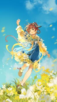 1girl :o absurdres alternate_costume arm_up bird_hair_ornament black_shoes blue_dress blue_eyes blue_sky bracelet brown_hair chinese_commentary cloud cloudy_sky commentary_request dress dress_flower flower flutterpage full_body grass hair_ornament highres jewelry long_sleeves looking_up mary_janes open_mouth ponytail puffy_long_sleeves puffy_sleeves reverse:1999 running shirt shoes short_dress sijiu_49 sky socks solo tent_dress too_many_flowers white_flower white_socks yellow_flower yellow_shirt yunjian