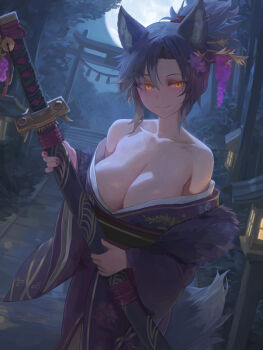 1girl absurdres animal_ear_fluff black_hair breasts cleavage closed_mouth commentary_request cowboy_shot curtained_hair dutch_angle flower hair_flower hair_ornament highres holding holding_sword holding_weapon japanese_clothes junmin kanzashi katana kimono lantern large_breasts looking_at_viewer moon moonlight night no_bra obi off_shoulder orange_eyes outdoors path print_kimono purple_flower purple_kimono ran_(trickcal) road sash sheath sheathed short_hair slit_pupils smile solo split_mouth stairs sword tail torri tree trickcal weapon wooden_lantern