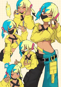 1girl :d bandeau belt black_belt blue_eyes blush canari_(pokemon) character_hair_ornament closed_eyes collarbone commentary_request cropped_jacket eyelashes gen_4_pokemon grid_background hair_ornament hands_up highres jacket long_sleeves mask mouth_mask multicolored_hair multiple_views nail_polish navel nintendo one_eye_closed open_clothes open_jacket open_mouth pants poke_ball pokemon pokemon_legends:_z-a quick_ball rotom rotom_phone ryoha_kosako smile teeth tongue v yellow_bandeau yellow_jacket zipper zipper_pull_tab