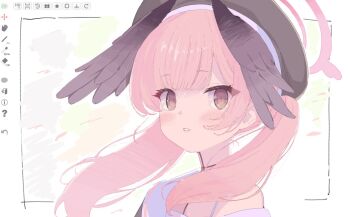 Rule 34 | 1girl, art program in frame, beret, black hat, blue archive, brown eyes, halo, hat, head wings, koharu (blue archive), looking at viewer, low twintails, off shoulder, okimiyage (oitekuze kore), parted lips, pink hair, pink halo, solo, twintails, upper body, wings