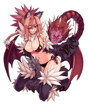1girl animal_ears animal_hands bikini blush braid breasts brown_hair cat_ears claws cleavage female_focus full_body fur grin higher_resolution_available kenkou_cross large_breasts looking_at_viewer manticore_(monster_girl_encyclopedia) monster_girl monster_girl_encyclopedia monster_girl_encyclopedia_ii navel official_art panties pink_hair prehensile_tail red_eyes red_wings simple_background single_braid smile solo swimsuit tail tail_raised underwear white_background wings