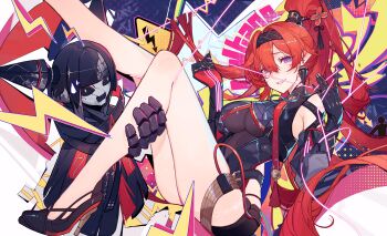 1girl 1other absurdres armpit_crease bare_legs bare_shoulders black_dress black_footwear black_gloves black_hairband black_shorts breasts circle_facial_mark clothing_cutout commentary dress earrings elbow_gloves electricity flower_hairpin gloves hair_between_eyes hair_ornament hairband hairpin hashtag-only_commentary high_ponytail highres holding holding_string jewelry kuroduki large_breasts layered_dress lightning_bolt_symbol long_hair mechanical_hands pointy_ears ponytail purple_eyes red_hair see-through_dress_layer short_shorts shorts side_cutout smile string symbol-only_commentary tacet_mark_(wuthering_waves) tassel underboob very_long_hair wuthering_waves yinlin_(wuthering_waves)