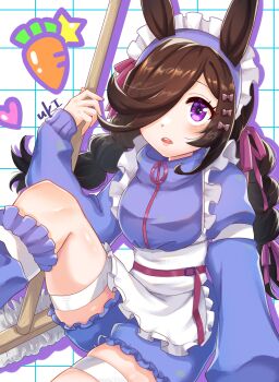 1girl alternate_costume animal_ears apron blue_jacket blue_track_suit blush bow braid broom brown_hair carrot frilled_apron frills hair_bow hair_over_one_eye heart highres holding holding_broom horse_ears horse_girl horse_tail jacket jersey_maid leg_warmers long_hair long_sleeves looking_at_viewer loose_socks maid maid_apron maid_headdress neru_ika open_mouth purple_eyes rice_shower_(umamusume) sitting socks solo star_(symbol) tail teeth thigh_strap thighs track_jacket track_suit turtleneck turtleneck_jacket twin_braids twintails umamusume unconventional_maid upper_teeth_only waist_apron white_apron white_headdress