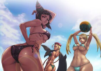 1990s_(style) 3girls :d animal aqua_bikini arm_up armpits arms_up ass back ball bare_shoulders beachball beret bikini black_hair blanka blonde_hair blue_eyes braid breasts cameltoe cammy_white capcom cloud covered_erect_nipples curvy day dolphin drill_hair fangs female_focus fingernails green_bikini han_juri hand_on_own_hip hat highres hip_focus holding large_breasts lens_flare long_fingernails long_hair looking_at_viewer looking_back multiple_girls nail_(hardware) nail_polish navel no_mask o-ring o-ring_bottom o-ring_top open_mouth outdoors purple_eyes purple_nails rainbow_mika retro_artstyle sethxzoe shiny_skin side-tie_bikini_bottom silk skindentation sky smile spider_web spider_web_print standing street_fighter street_fighter_iv_(series) street_fighter_zero_(series) string_bikini swimsuit tan toned toned_female twin_braids twin_drills twintails underboob wide_hips