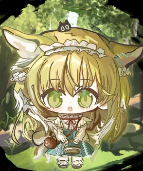 1girl animal_ears arknights basket blonde_hair chibi chibi_only chinese_commentary commentary_request fox_ears fox_girl fox_tail frilled_hairband frills green_eyes hairband heixiu highres holding holding_basket kitsune kyuubi long_hair luo_xiaohei_zhanji multiple_tails neck_ribbon official_alternate_costume red_ribbon ribbon skirt suzuran_(arknights) suzuran_(spring_praise)_(arknights) tail user_tfzj8422