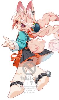 1girl ahoge animal_ear_fluff animal_ear_piercing animal_ears animal_feet anklet black_dress braid braided_twintails bright_pupils commentary_request dress floating_hair from_side furry furry_female green_shirt hair_between_eyes hair_ornament highres jewelry long_hair looking_at_viewer open_mouth pinafore_dress pink_fur pink_hair rabbit_ears rabbit_girl rabbit_tail red_hair screw shirt short_eyebrows simple_background sleeveless sleeveless_dress solo sphere_hair_ornament tail teeth thick_eyebrows twitter_username upper_teeth_only white_background white_pupils zenless_zone_zero zhao_(zenless_zone_zero) zunda_kaku