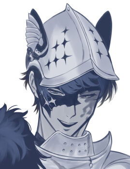 Rule 34 | 1boy, :d, animal ear helmet, animal helmet, burn scar, commentary request, eye mask, greyscale, half-closed eyes, half eye mask, highres, j (reverse:1999), male focus, masei shibou, mask, monochrome, official alternate costume, open mouth, portrait, reverse:1999, scar, scar on face, smile, solo, white background
