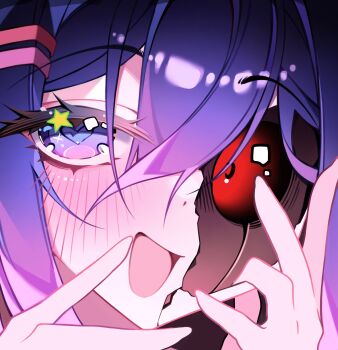 Rule 34 | 1girl, android, blush, commentary, hair between eyes, hands up, hashtag-only commentary, heart, heart-shaped pupils, highres, looking at viewer, marck (marck1703), miside, mismatched eyes, mita (miside), open mouth, portrait, purple eyes, purple hair, red eyes, smile, solo, symbol-shaped pupils