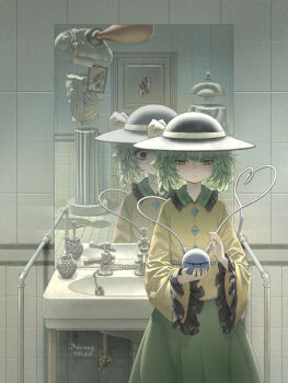 1girl bathroom black_hat broken_door buttons chinese_commentary closed_mouth collared_shirt commentary_request dahuang diamond_button different_reflection door empty_eyes eyeball faucet frilled_shirt_collar frilled_sleeves frills green_eyes green_hair green_skirt hat heart heart_of_string highres komeiji_koishi long_sleeves looking_at_viewer mirror monster painting_(object) picture_frame reflection ribbon sculpture shadow shirt sink skirt smile soap_bottle solo third_eye touhou wide_sleeves yellow_ribbon yellow_shirt