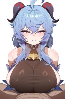 1boy 1girl abs absurdres ahoge bare_shoulders bell blue_hair blush breasts clenched_teeth dark-skinned_male dark_skin detached_sleeves ganyu_(genshin_impact) genshin_impact goat_horns hair_between_eyes highres horns huge_breasts implied_paizuri large_breasts leotard long_hair neck_bell pov purple_eyes sideboob sidelocks sweat teeth yzr_(yzr99)