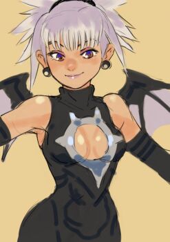 1girl aliasing bare_shoulders bat_wings black_dress breasts brown_eyes circle_cutout cleavage cleavage_cutout closed_mouth clothing_cutout commentary_request dress earrings eyeshadow gan2 highres jewelry komori_aimi makeup medium_breasts pink_lips red_eyeshadow shadow_lady short_hair simple_background sleeveless sleeveless_dress smile solo sphere_earrings white_hair wings yellow_background