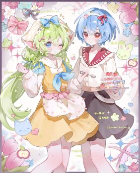 2girls ;t absurdres black_skirt blue_bow blue_eyes blue_hair blue_neckerchief blue_ribbon blush bow buttons cake closed_mouth commission cyano dated double-parted_bangs dress feet_out_of_frame food food_on_face fruit green_hair hair_between_eyes hair_bow hairband highres holding holding_plate holding_spoon long_hair long_sleeves looking_at_viewer multiple_girls neckerchief one_eye_closed original plate red_eyes red_sailor_collar ribbon sailor_collar shirt short_hair signature skirt smile spoon standing strawberry white_hairband white_shirt yellow_dress