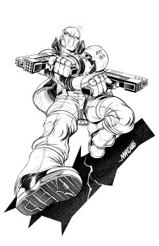 1boy absurdres bat_signal batman_(series) batman_symbol black_bodysuit bodysuit brown_jacket cowl dc_comics gloves grey_bodysuit highres holding jacket jason_todd male_focus mask multicolored_bodysuit muscular muscular_male open_clothes pants popartmarquis red_hood_(dc) red_hood_and_the_outlaws red_mask superhero_costume taut_bodysuit two-tone_bodysuit