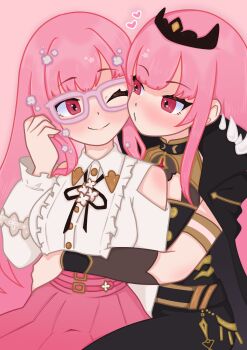 2girls absurdres arm_around_waist armlet black_cape black_dress black_tiara blunt_bangs blush bracer cape clothing_cutout commentary dress english_commentary eyebrows_hidden_by_hair feet_out_of_frame glasses heart high-waist_skirt highres hololive hololive_english jewelry long_dress long_hair looking_at_another mori_calliope mori_calliope_(1st_costume) mori_calliope_(kawaiiope) multiple_girls nano_(fushide) one_eye_closed pink-framed_eyewear pink_background pink_skirt puffy_sleeves red_eyes selfcest shirt shoulder_cutout shoulder_spikes sidelocks simple_background skirt sleeveless sleeveless_dress smile spikes straight_hair tiara virtual_youtuber white_shirt yuri